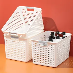 White plastic storage basket with handles, versatile desk organizer and toy sorting box for home.
