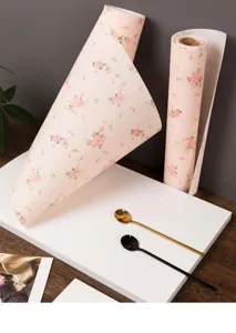 Drawer liner pink floral waterproof kitchen cabinet shelf paper roll detail view