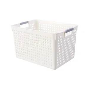Plastic storage basket with handles and breathable holes for home organization and tidy rooms
