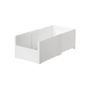 Boîte de rangement en plastique blanc extensible pour organisateur de placard et de bureau.