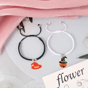 Halloween braided couple bracelets set with cute witch hat and pumpkin charms for daily.