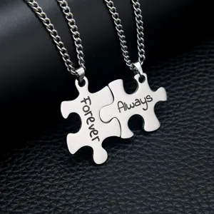 Couples Stainless Steel Puzzle Necklace Set Engraved Always Forever Pendant Geometric Jewelry Matching Gifts For Lovers