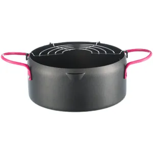 Compact non-stick mini tempura deep fryer with pink handles and wire filtering rack.
