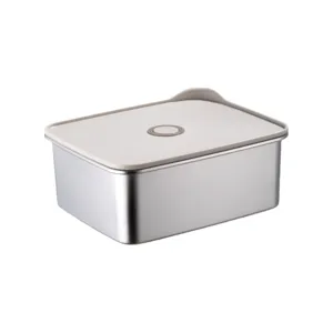 Caja de almacenamiento de alimentos de acero inoxidable con tapa sellada segura.