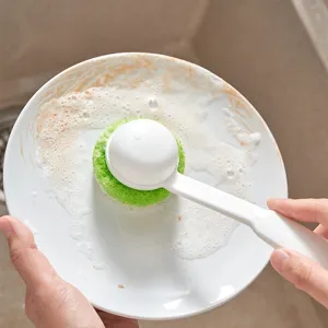 Long Handle Cleaning Brush Scouring Pad Sponge Head Plastic Kitchen Dish Washing Pot Scrub Brush Household Cleaning Tool