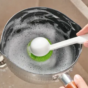 Long-handled cleaning brush with green sponge head for kitchen dishwashing and pot cleaning.