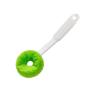 Long handle cleaning brush with green sponge ball for kitchen pots, dishes and non-stick cookware.