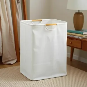 Panier à linge pliable avec poignées en bois corbeille de rangement de vêtements en tissu.
