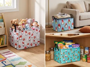 Panier de rangement en tissu de Noël avec poignées, idéal pour jouets, vêtements et snacks.