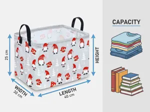 Panier de rangement en tissu pliable avec motif de gnome de Noël, 40x30x25cm pour vetement.