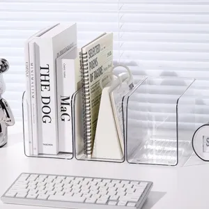 Transparent Acrylic Bookend Desktop Book Storage Box L-Shaped Clear Bookshelf Organizer Office School Stationery Holder