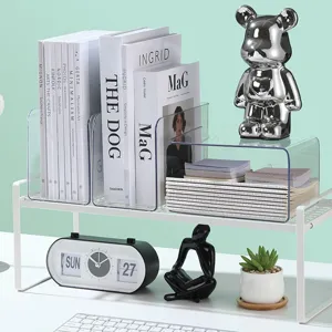 Desktop transparent book storage shelf and bookends for office and student desk organization.