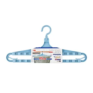 Blue telescopic clothes hanger for bath towels and quilts with extendable design and hooks.