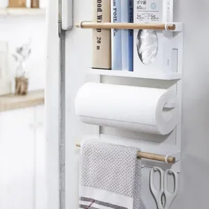 Support de Rangement Magnétique pour Côté de Réfrigérateur Organisateur de Cuisine Multi-couches en Acier au Carbone et Bois Avec Crochets et Porte-essuie-tout
