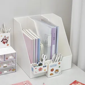 Organizador de escritorio sujetador de libros de plástico estante de papelería oficina blanco