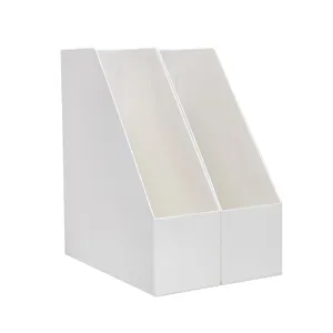 Organizador de archivos de escritorio de plástico blanco y soporte para libros de oficina.