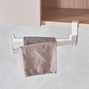 Japanese Style Under Cabinet Paper Towel Holder Rotatable Double Arm Kitchen Roll Rack Plastic Cling Film Storage Hanging Bracket