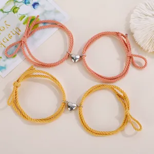Couple magnetic heart braided rope bracelet set, matching friendship charm jewelry gift.