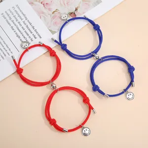 Handwoven Magnetic Attraction Smiley Face Couples Bracelet Set Alloy Beads Braided Cord Matching Wristbands Jewelry For Lovers Everyday Valentine