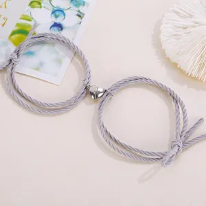 Couple magnetic heart woven rope bracelets set, matching grey friendship bracelets.