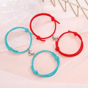 Couple magnetic heart braided rope bracelet set, simple alloy matching friendship jewelry.