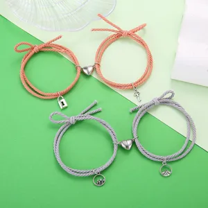 Minimalistisch Legering Hart Magnetisch Koppels Gevlochten Touw Armband Set Met Landschap Slot Sleutel Hanger Voor Valentijnsdag Minnaar Cadeau Sieraden