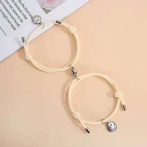 Couple magnetic matching smiley face braided bracelets, hand-woven rope friendship jewelry set.