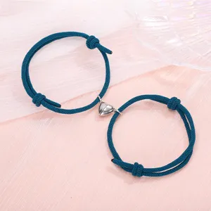 Magnetic couple heart bracelets set, dark blue woven rope matching friendship bracelets for lovers.