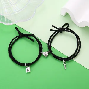 Koppel magnetisch hart slot sleutel zwart gevlochten touw armband set voor geliefden mode