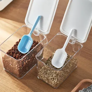 Kitchen measuring spoon set for seasoning and coffee powder, transparent jars with clear scoops.