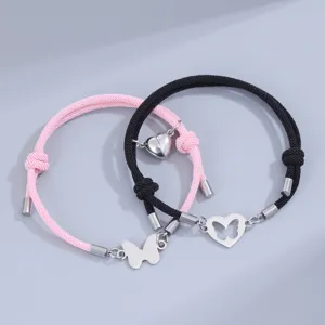 Conjunto de Pulseras de Pareja con Imán de Corazón y Mariposa Ajustable Pulsera de Cuerda de Milán Tejida a Mano de Acero Inoxidable