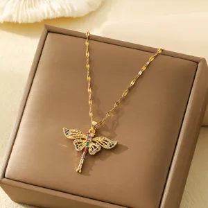 Collier Pendentif Papillon Libellule en Acier Inoxydable Plaqué Or 18K Zirconia Bijoux Animaux Élégants pour Femmes Cadeau de Fête