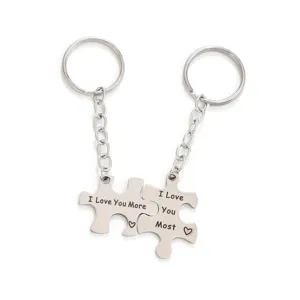Stainless steel puzzle keychain set, matching couple key ring with romantic engraved text.