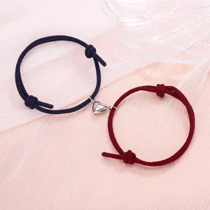 Couple magnetic heart braided bracelet set, minimalist rope wristband jewelry for lovers.
