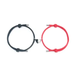 Cute couple magnetic matching heart bracelets black and red braided rope lovers jewelry