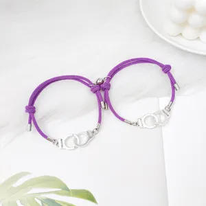 Paire bracelet corde tressée violette menottes aimantées minimaliste bijoux couple