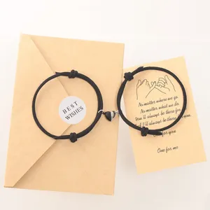 Black and white heart magnetic couple bracelets set with cute promise card and envelope.