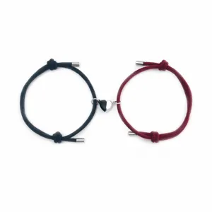 Couple magnetic heart bracelet set, black and red braided rope matching jewelry for lovers.