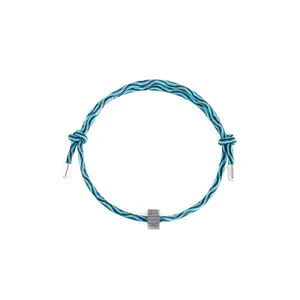 Blue black woven paracord bracelet with metal tips and central textured bead accessory.