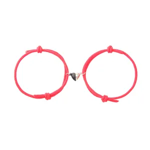 Red braided magnetic couple bracelets pair heart charm friendship matching jewelry new
