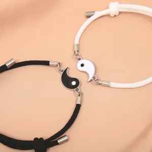 Magnetic yin yang couple bracelets set, black white braided rope matching friendship jewelry.