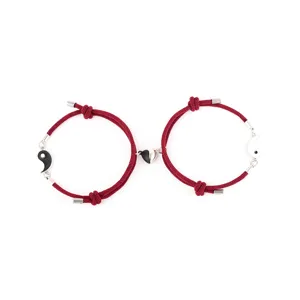 Red woven couple bracelets with magnetic heart and yin yang charm, matching friendship jewelry.
