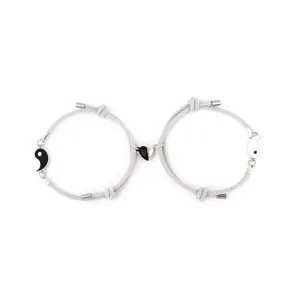 Couple magnetic braided bracelet with tai chi charm, matching wristband for lovers.