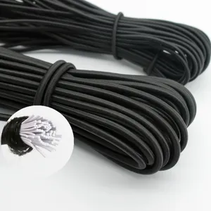 Detail view of black elastic cord showing inner white rubber core and braided outer layer.