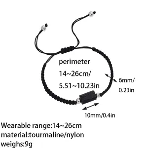 Bracciale in corda intrecciata regolabile in tormalina nera con perle, 14-26cm.