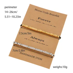 Stainless steel Morse code couple bracelet set in gold and silver colors with gift card.