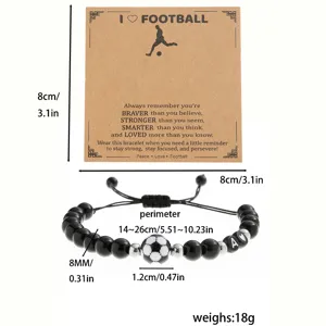 Handmade braided black bead football bracelet with letter charm and display card accessory