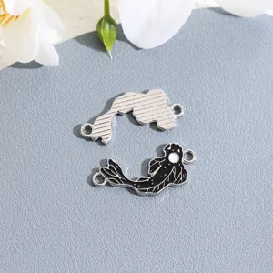 Yin-Yang fish alloy charm for DIY bracelet making, silver and black koi connector pendant.
