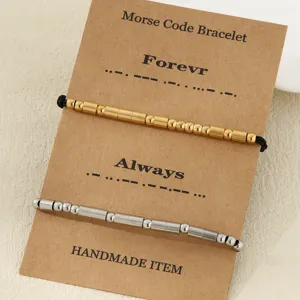 Stainless steel Morse code couple bracelet set in gold and silver colors with gift card design.
