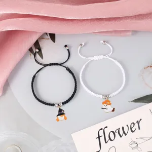 Halloween handmade braided couple bracelets set, black and white string with cute ghost charm.